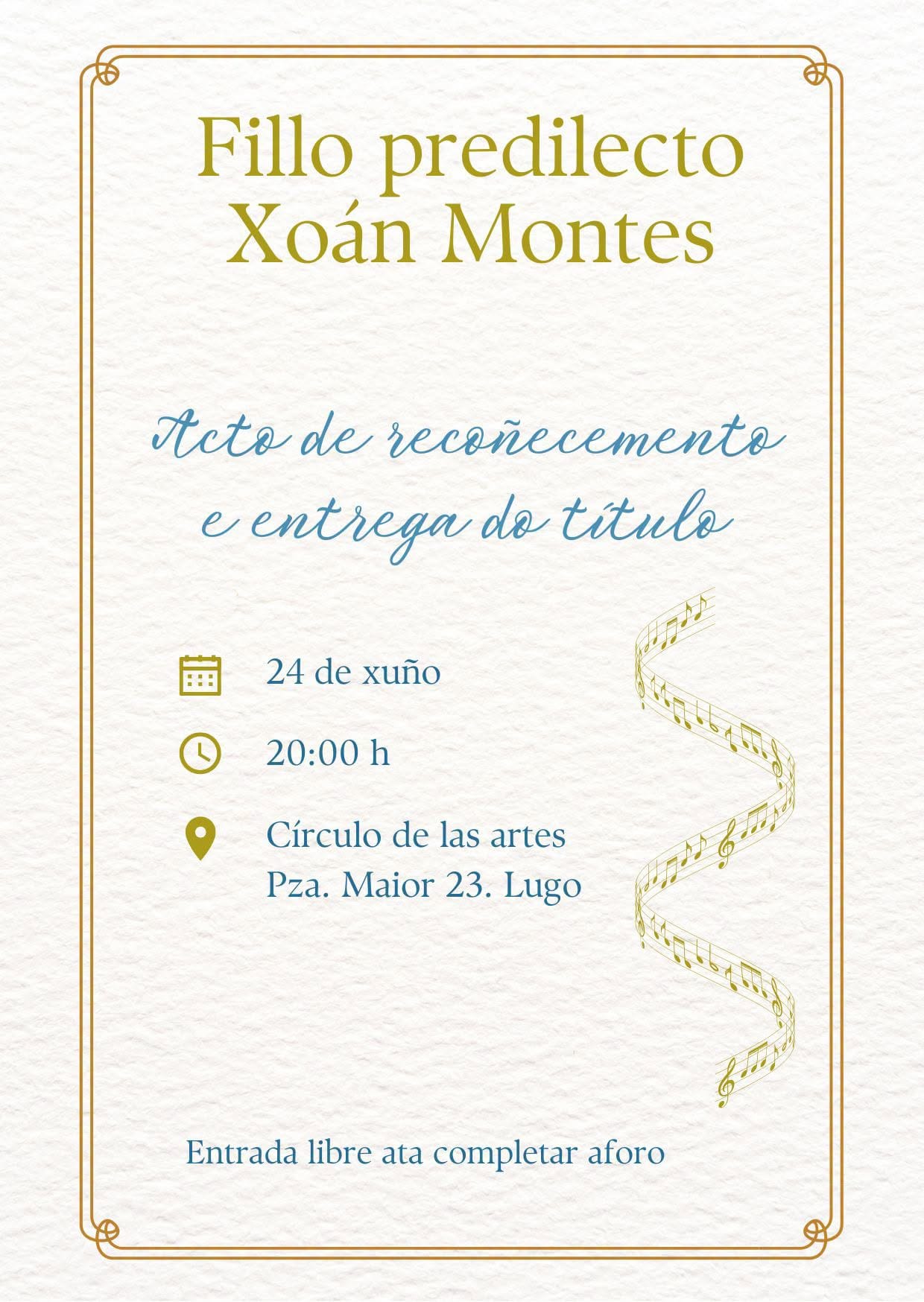 Acto institucional de nombramiento de Xo谩n Montes Cap贸n como Fillo Predilecto de Lugo